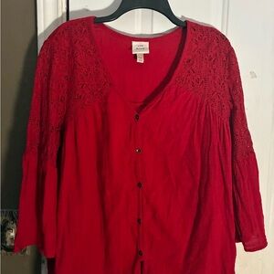 Knox Rose Red Lace Button Down Shirt bell sleeve boho peasant look size xxl